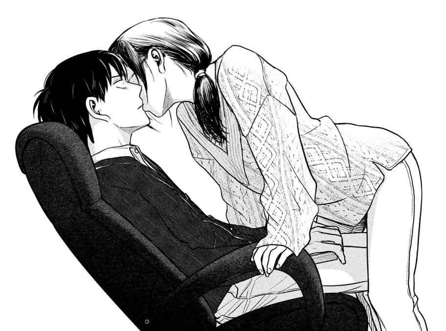 Natsu Izumi leaning over Nokoru Mitsuhashi, almost kissing him